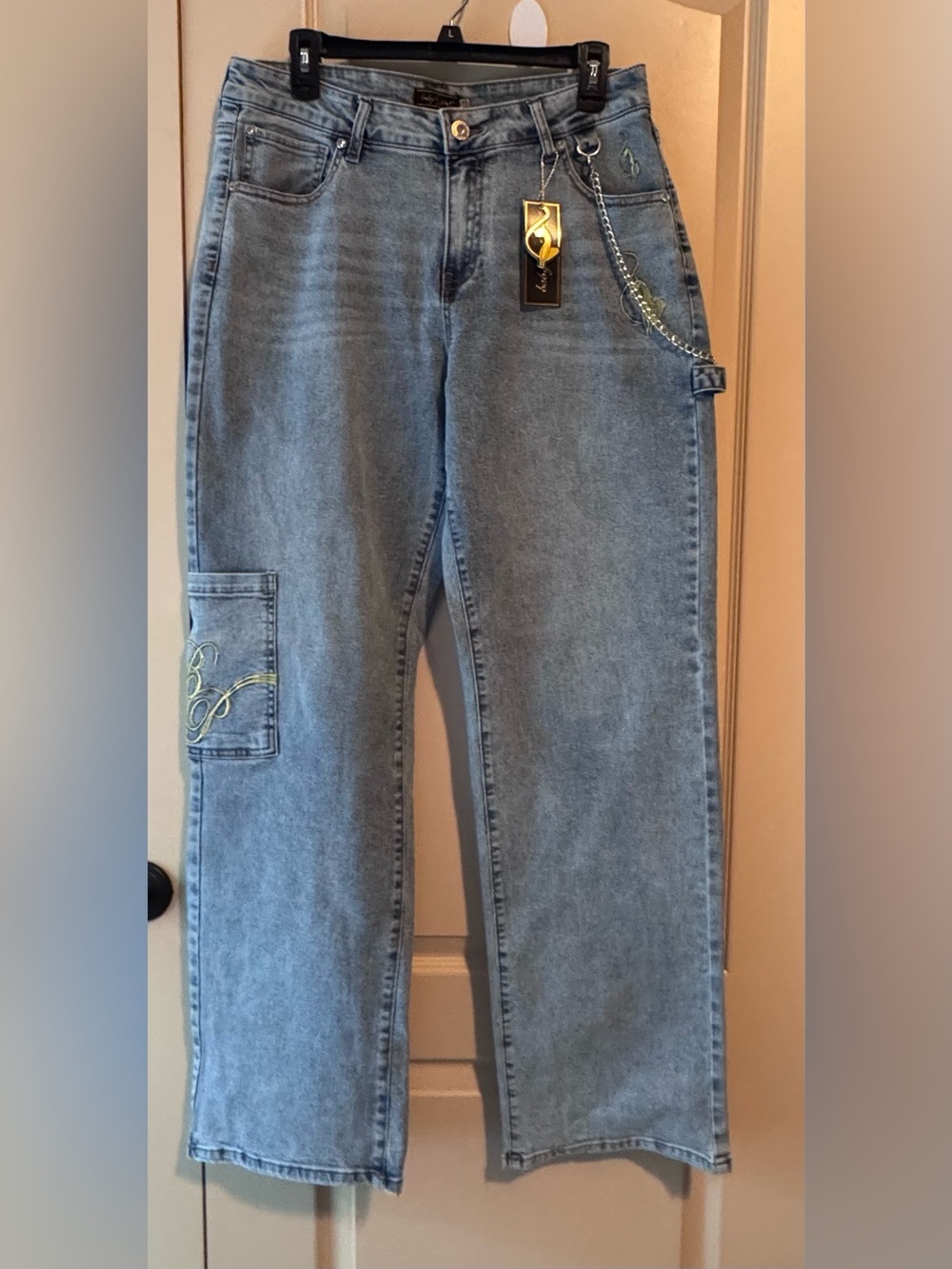 Y2K-style Baby Phat Light Blue Wide Leg Jeans with Chain Detail